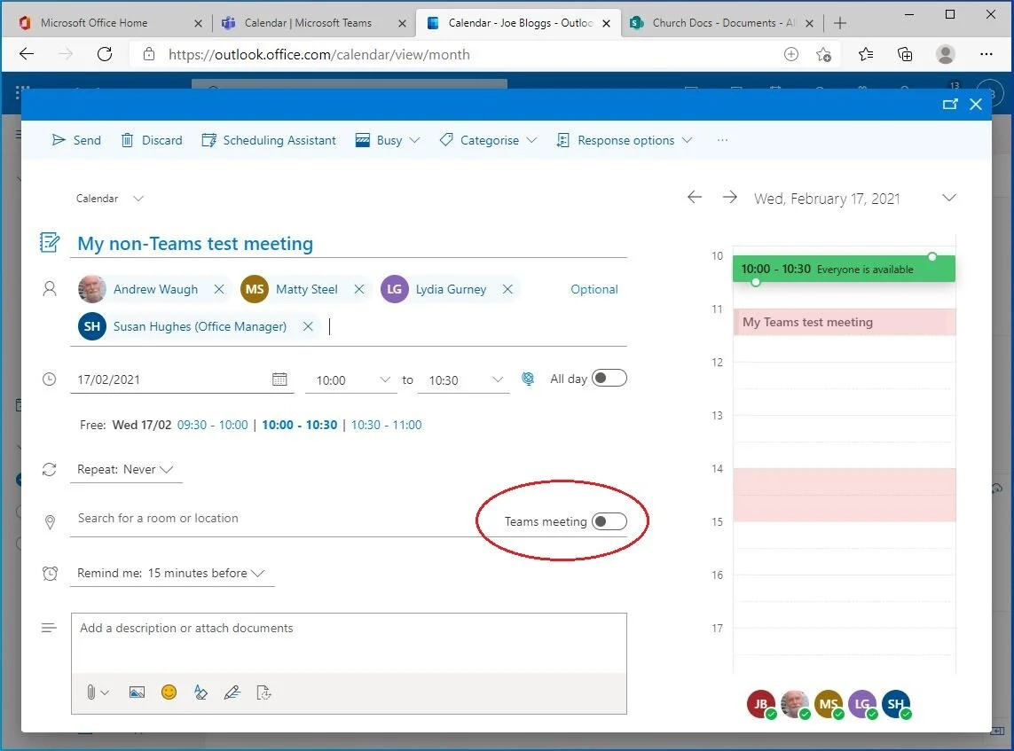 But if you click the “Teams meeting” button when creating the meeting, you will add video calling.