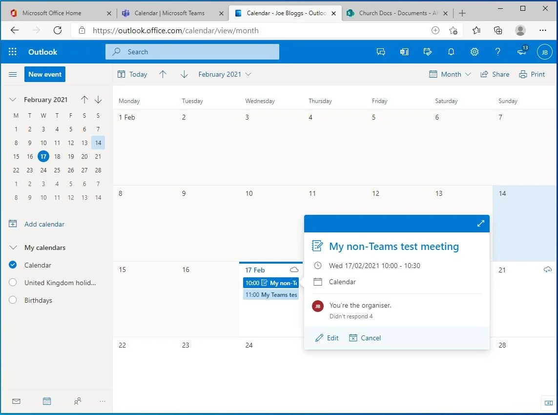 The non-Teams meeting viewed through Outlook… (note: if you wanted to make this a Teams meeting, you could choose “Edit” and click the “Teams meeting” button as shown above, to turn on Teams functionality)