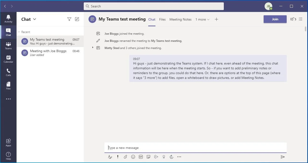 We drop straight into Chat. Note that this is the chat we added earlier, in the browser-based Teams app.