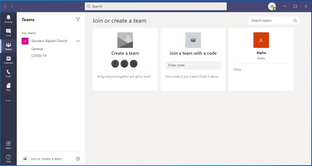Now we’ve moved to “Teams” on the left-hand panel. Let’s “Create a team” for a project we’re about to start.