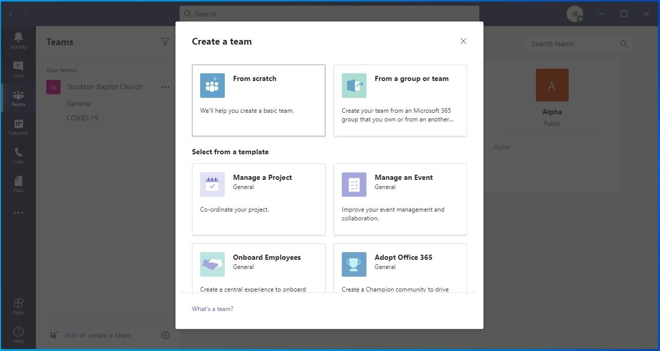 You can pick a Team without any pre-assigned content, or choose from a number of templates. We’ll click “Manage a project”.