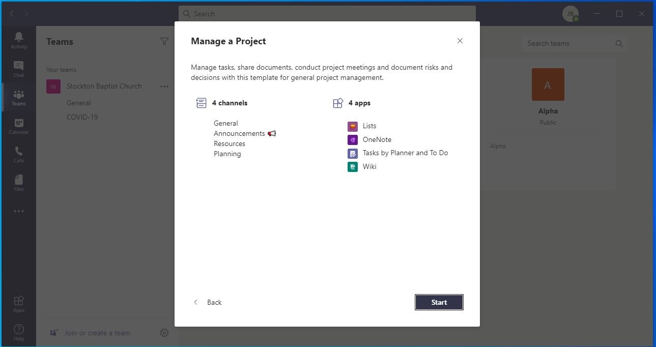 This team will be created with four “channels”. Using channels is a way of keeping discussion and documents organised. In a project, you could have channels for planning, delivery/rollout, risk and issue management, etc.