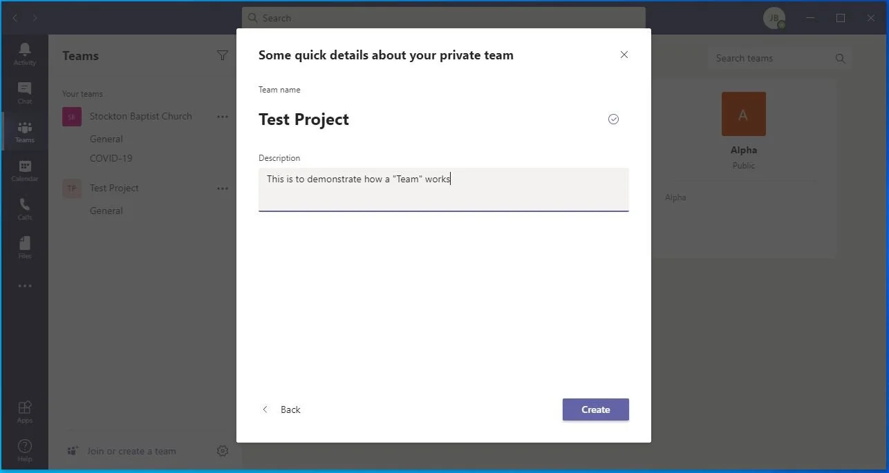 Give the Team a name and a description, and click Create.