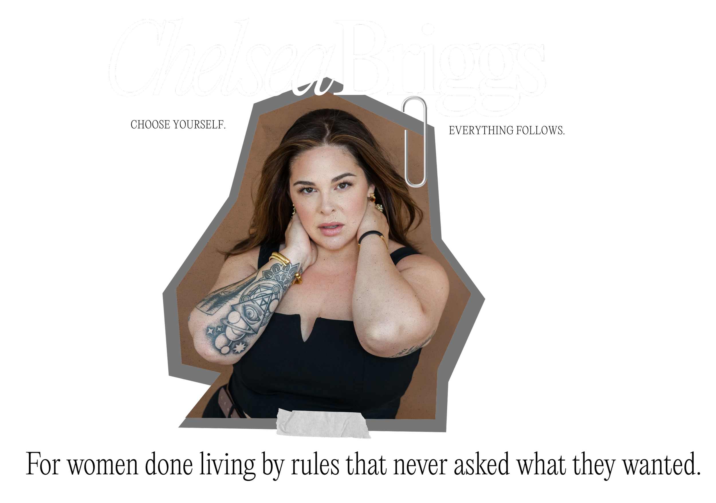 Photo of Chelsea Briggs with long brown hair, wearing a black sleeveless top, with tattoos on her left arm, posing with hands near her neck on a plain background.