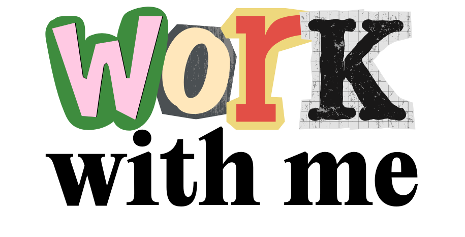Colorful collage spelling 'WORK' with each letter in a different decorative style.