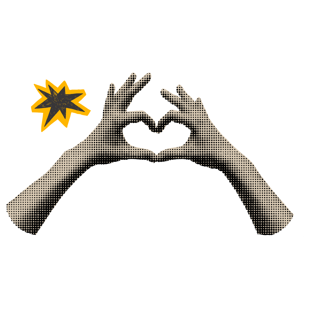Two hands forming a heart shape against a black background, with a yellow burst graphic to the left.
