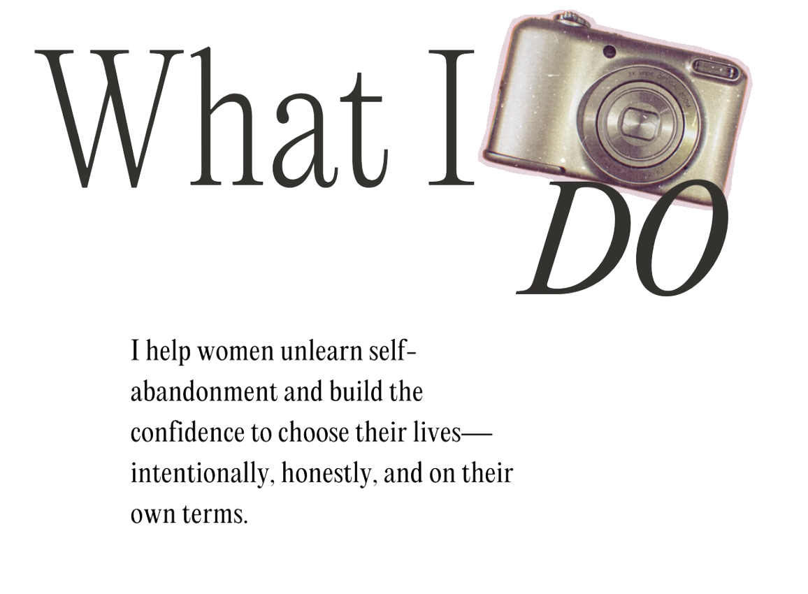 Portrait of a website homepage titled "What I DO" with a picture of a camera and a paragraph about helping women rebuild confidence after abandonment.