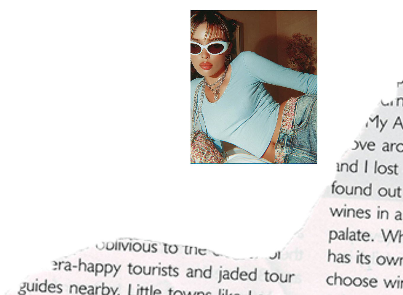 A woman with short dark hair wearing white sunglasses, gold hoop earrings, layered necklaces, a light blue long-sleeve shirt, and Danube blue jeans.