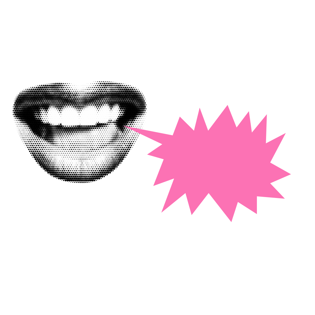 A pop art style illustration of a smiling face with a speech bubble, with a pink burst shape over the speech bubble.