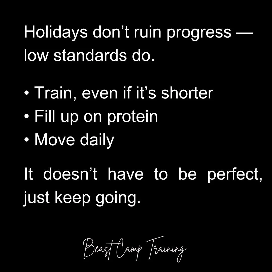 Holidays don&rsquo;t ruin progress &mdash; low standards do.

You don&rsquo;t lose momentum because of a few meals or busy days. You lose it when you decide consistency doesn&rsquo;t matter anymore.

So keep it simple:
&bull; Train, even if it&rsquo;