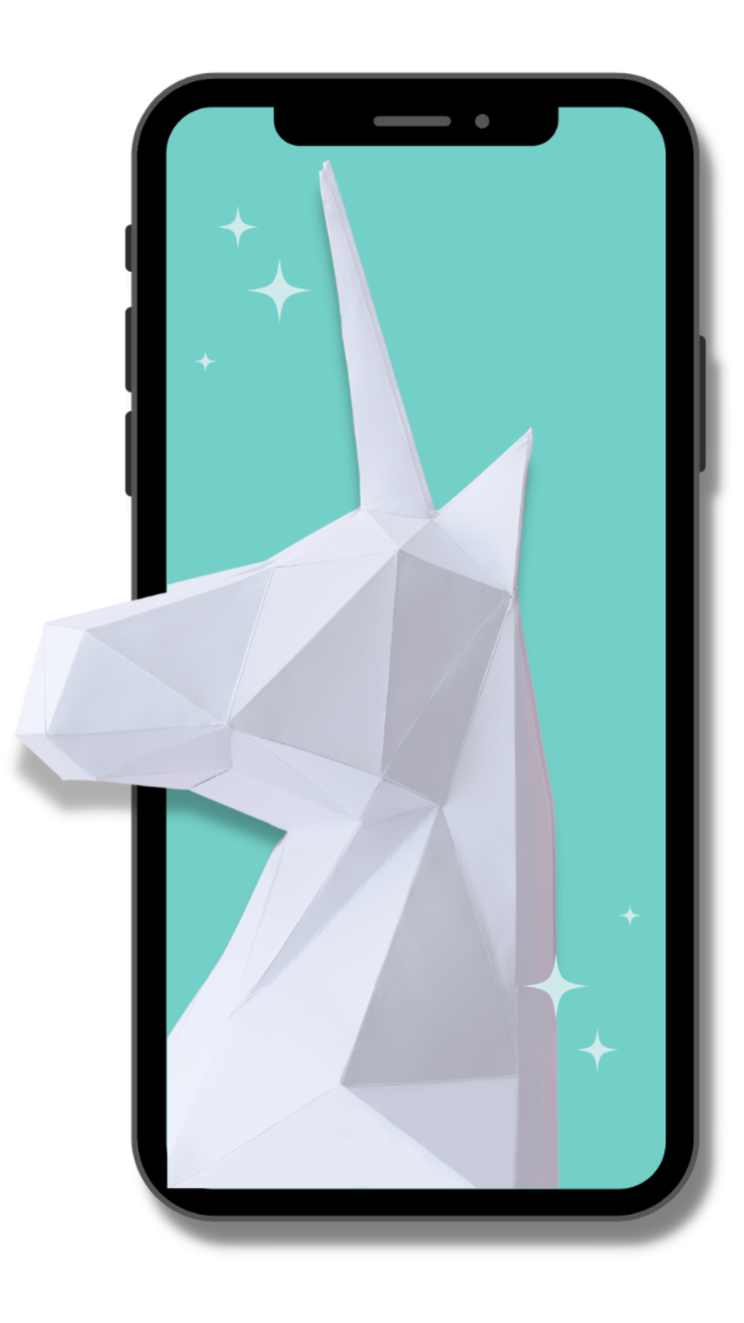 A digital art depiction of a smartphone with a 3D white origami unicorn protruding from the screen, against a light blue background with star-like sparkles.