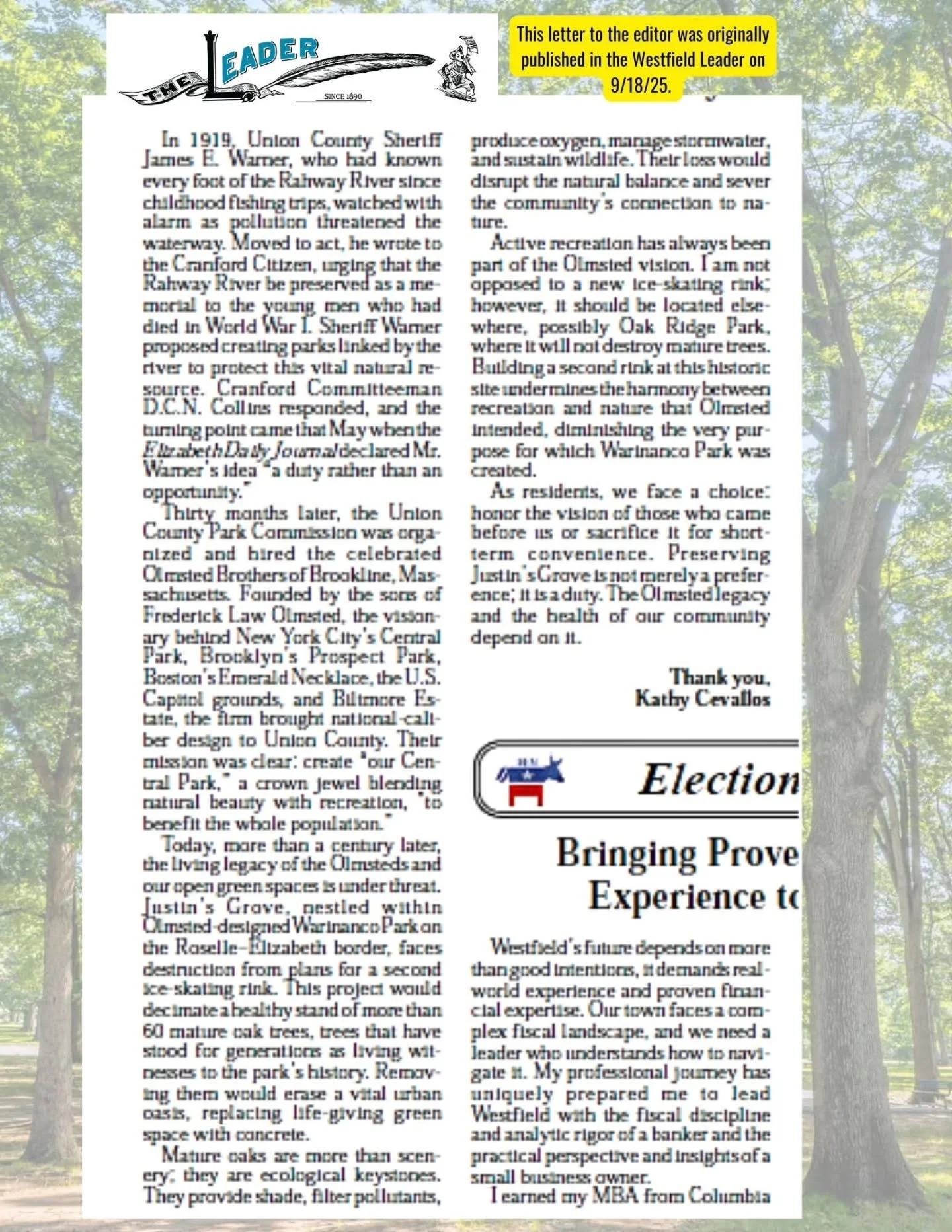 UPDATE! The proposed Warinanco Park Ice-Skating Rink Development is scheduled for final approval by the State House Commission on Monday, September 29th. 🌳 

We invite you to read the Letter to the Editor in the Westfield Leader written by one of ou