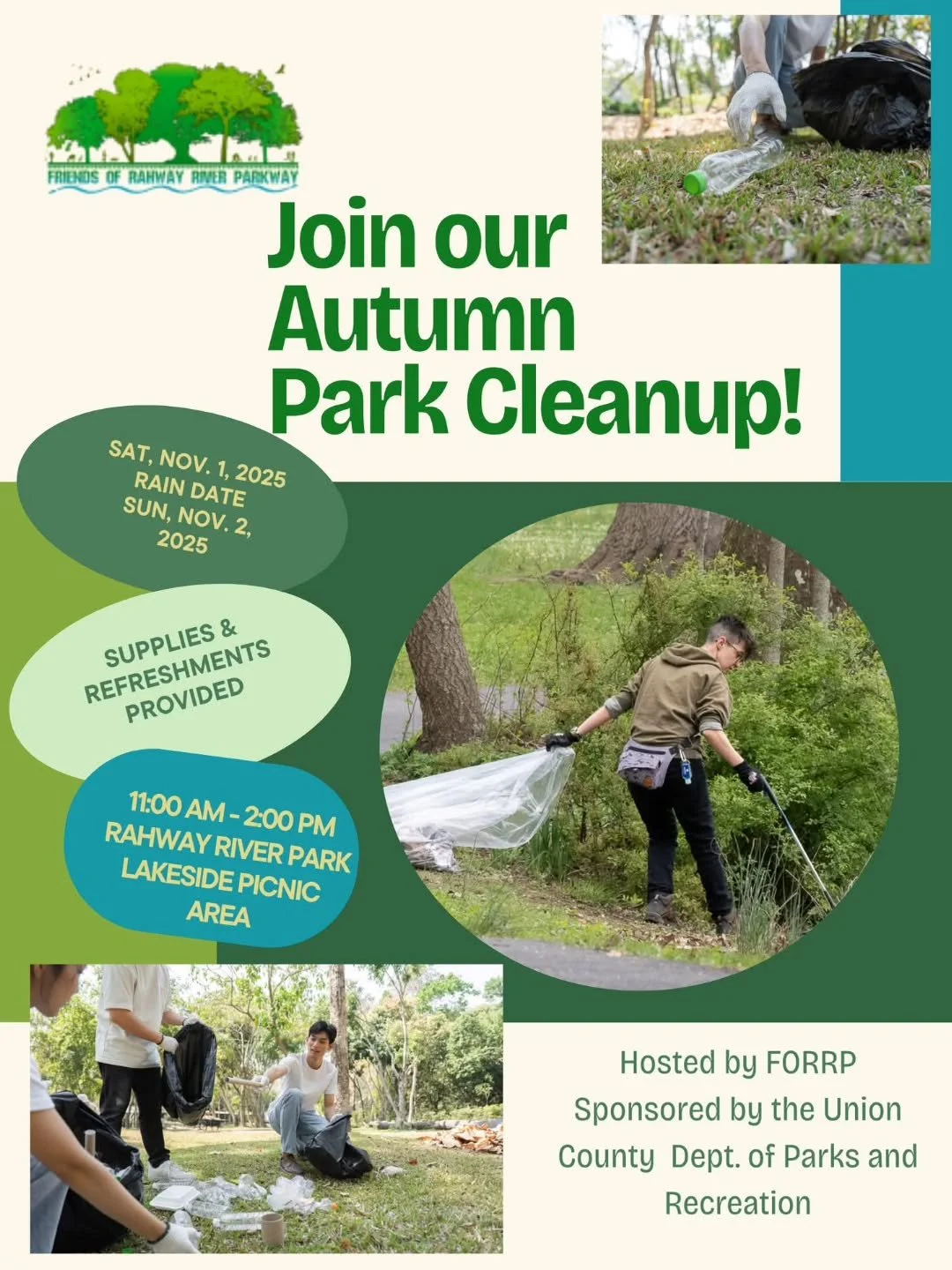 TODAY!!! JOIN US! AUTUMN PARK CLEAN-UP! 🍁

TODAY,  Saturday, November 1st, at 11 AM for our Autumn Park Cleanup at Rahway River Park!
(Rain Date: Sunday, November 2nd, same time, same place!)

Let&rsquo;s come together to give our beloved park a lit
