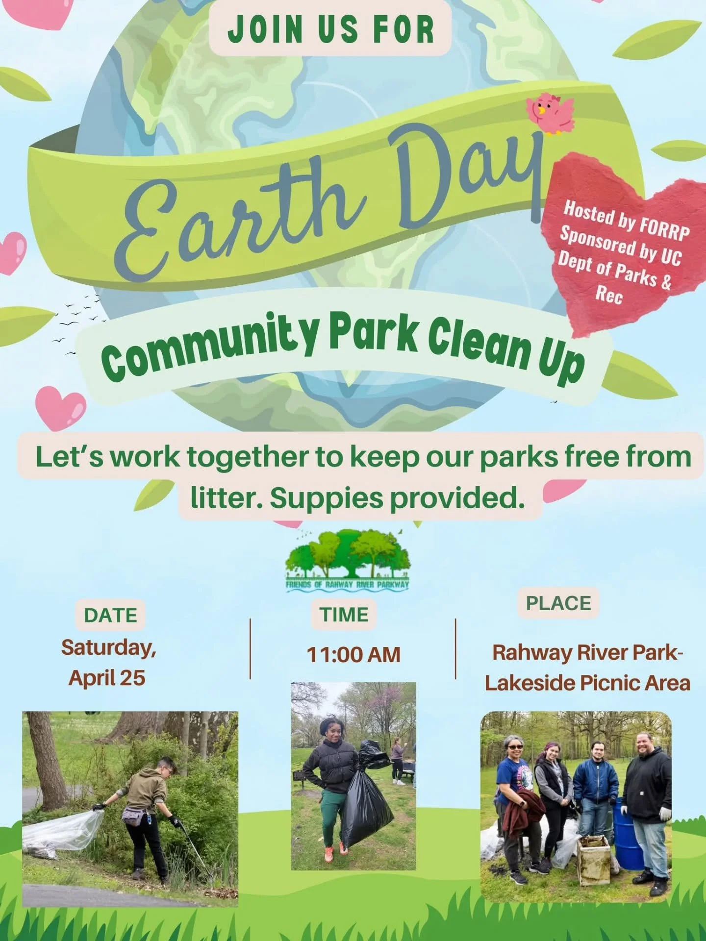 Join Us for an Earth Day 2026 Park Clean-Up! ♻️

Date: April 25, 2026
Time:11AM to 2:00 PM
Location: Lakeside Picnic Area at Rahway River Park 

Help us keep our beautiful park clean and healthy for all to enjoy! 🌳

On Earth Day 2026, we are organiz