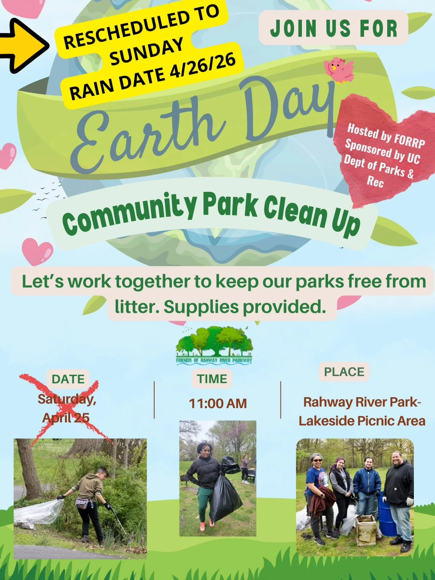 ANNOUNCEMENT!! 

Due to anticipated weather conditions tomorrow, we are rescheduling our Earth Day Community Park Cleanup to SUNDAY at 111:00 AM at Rahway River Park. The forecast predicts rain ending by Sunday morning, before our meet-up time. Hopef