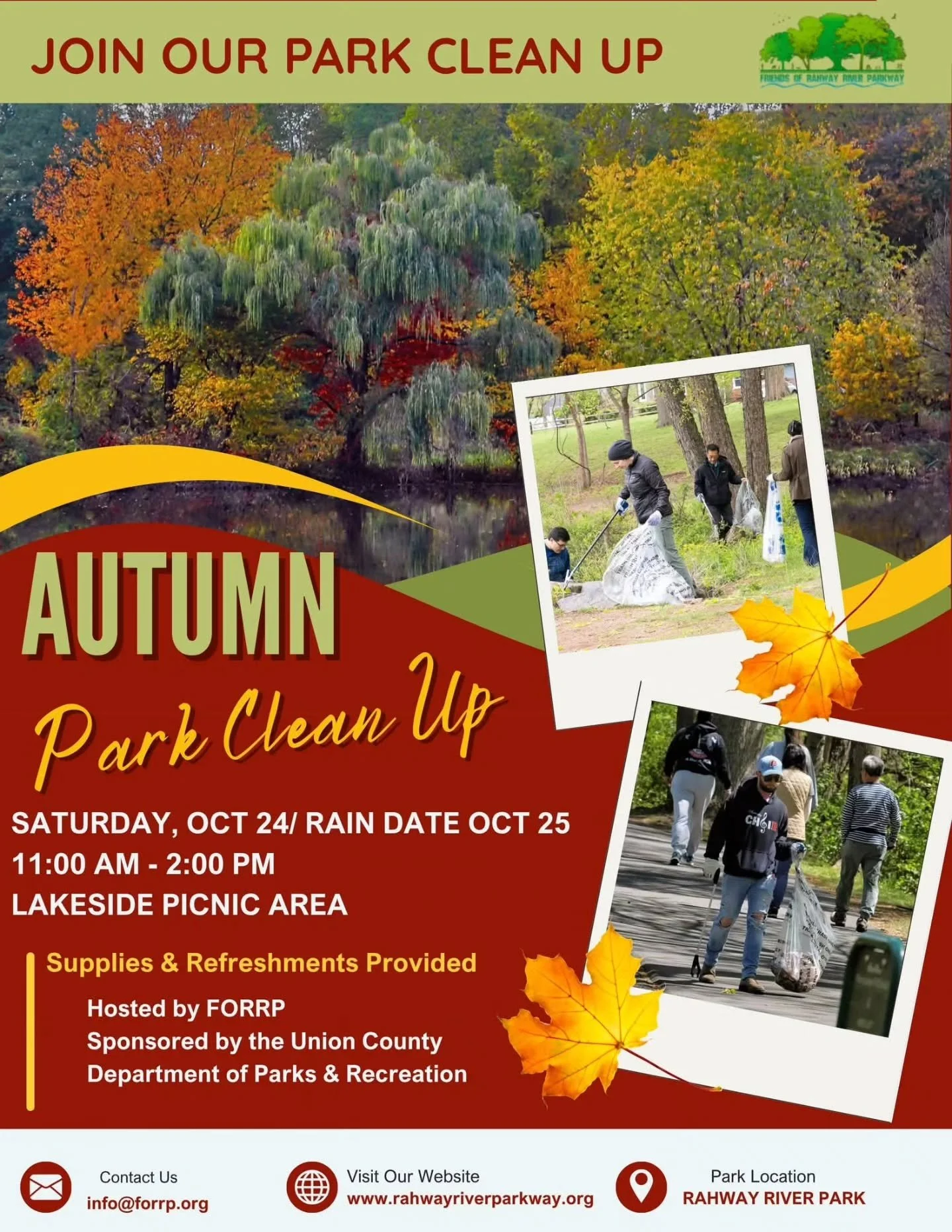 NEED YOUR HELP! AUTUMN PARK CLEAN-UP! 🍁

Saturday, October 24 at 11 AM for our Autumn Park Cleanup at Rahway River Park!
(Rain Date: Sunday, October 25, same time, same place!)

Let&rsquo;s come together to give our beloved park a little autumn refr