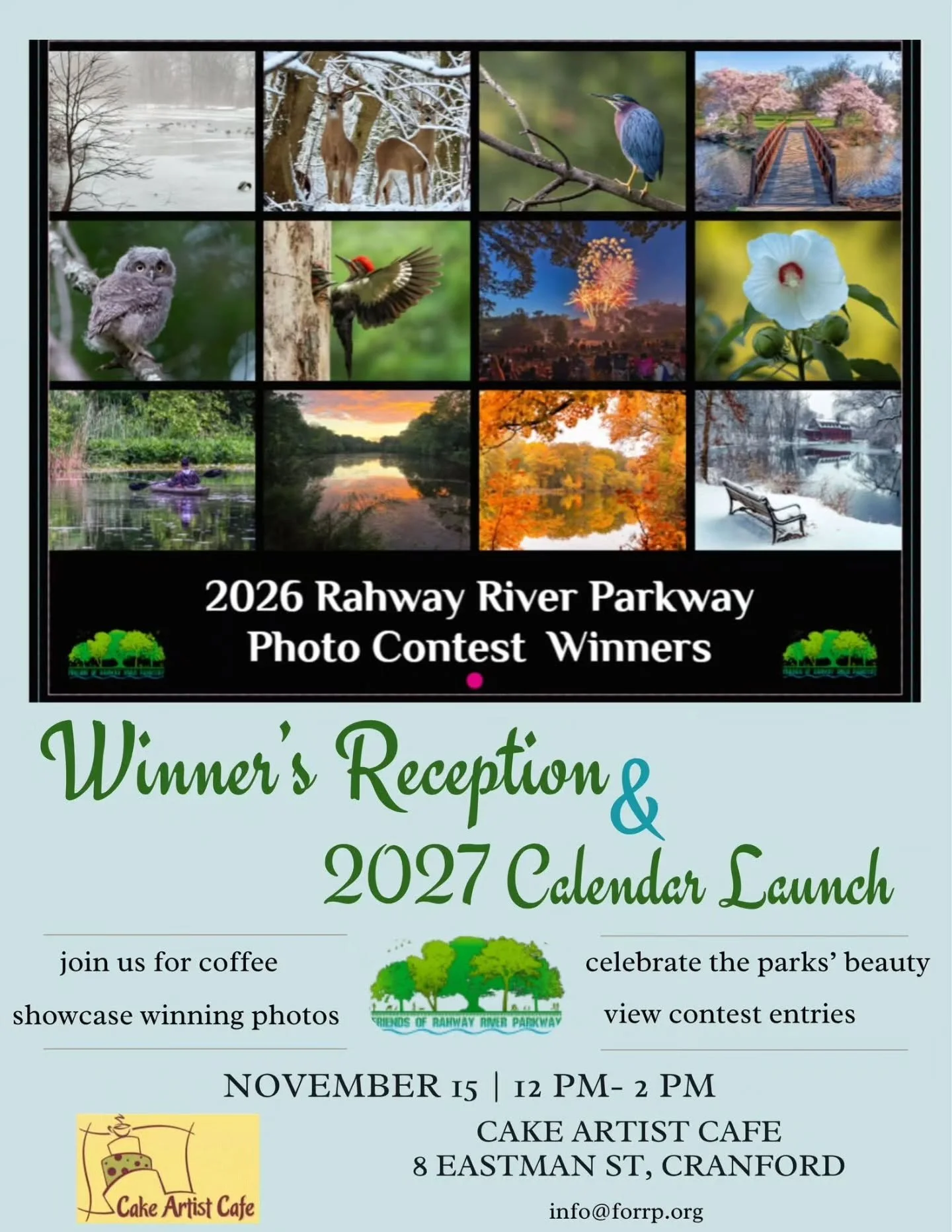 🍂📸 YOU&rsquo;RE INVITED! Celebrate the Beauty of Our Parks! 🌳💚
Join us (FORRP) for our 2026 Photo Contest Winners&rsquo; Reception &amp; 2027 Calendar Launch! 🎉

📅 Sunday, November 15, 2026
⏰ 12 PM &ndash; 2 PM
📍 Cake Artist Cafe
8 Eastman Str