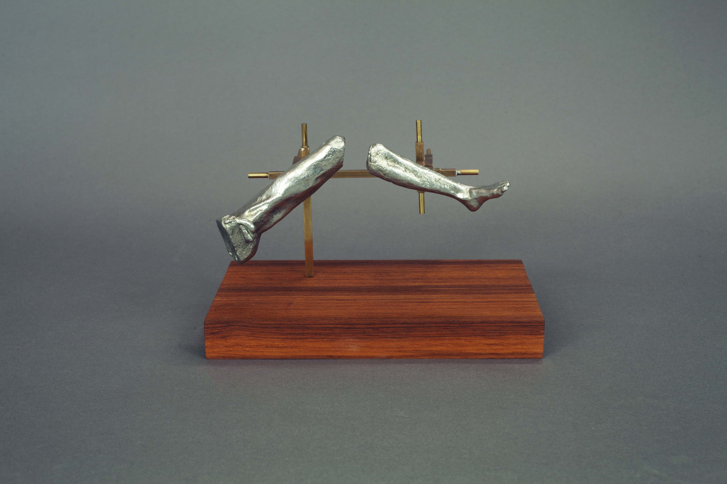 This sculpture features metal-cast legs suspended on brass rods, exploring themes of fragmentation and tension. The contrasting materials—cool metal and warm wood—highlight the interplay between organic and industrial elements. The disembodied form i
