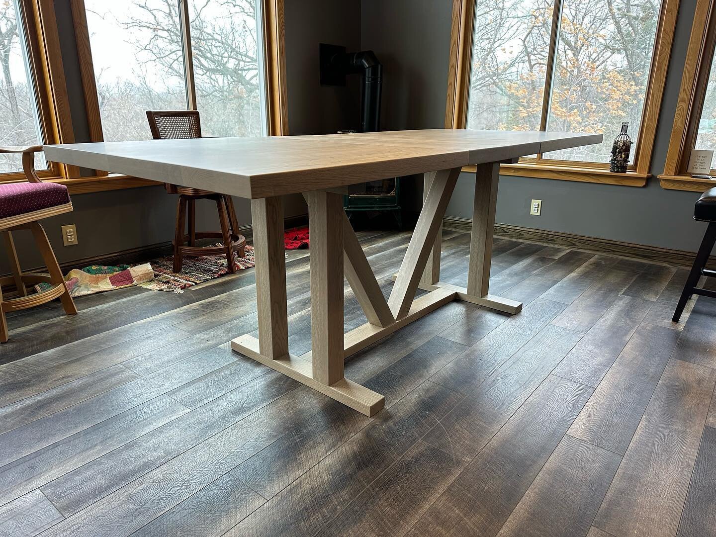 How about this really neat counter top height extension table. A custom request using a leg design that I&rsquo;ve done for several other tables. Made from white oak.