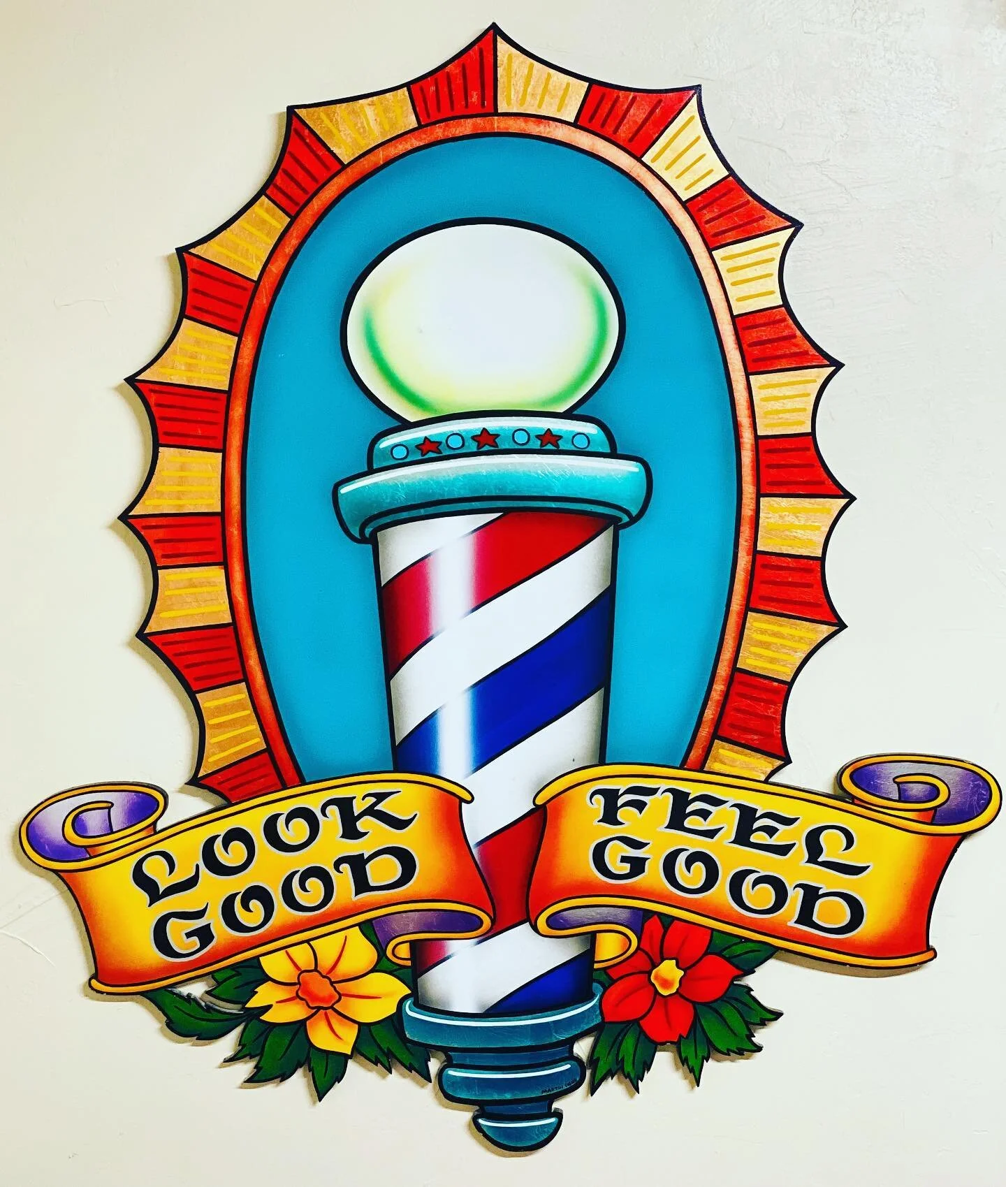 LOOK GOOD FEEL GOOD @gary_martin_signs is a Master Sign Painter. Photos never do this piece justice. This painting is also very large which is hard to convey. #barber #signpainting #denver #austin