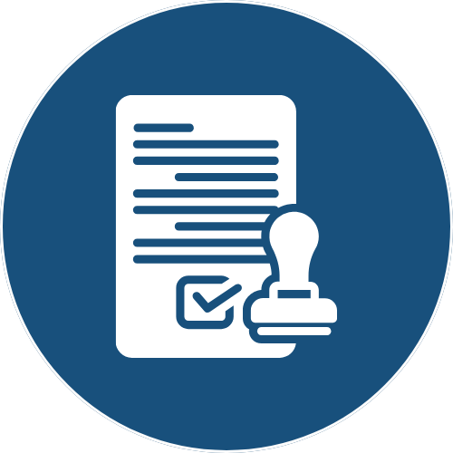 Icon of a document with text lines, a checkmark inside a box, and a rubber stamp.