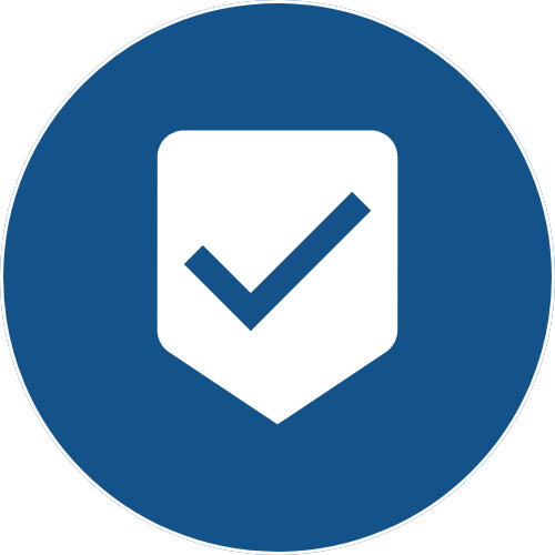 Blue circular icon with a white shield and a dark blue check mark in the center.