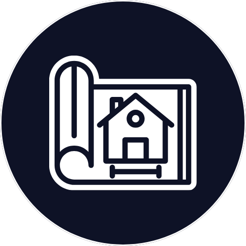 Icon of a rolled-up blueprint with a house draft on top