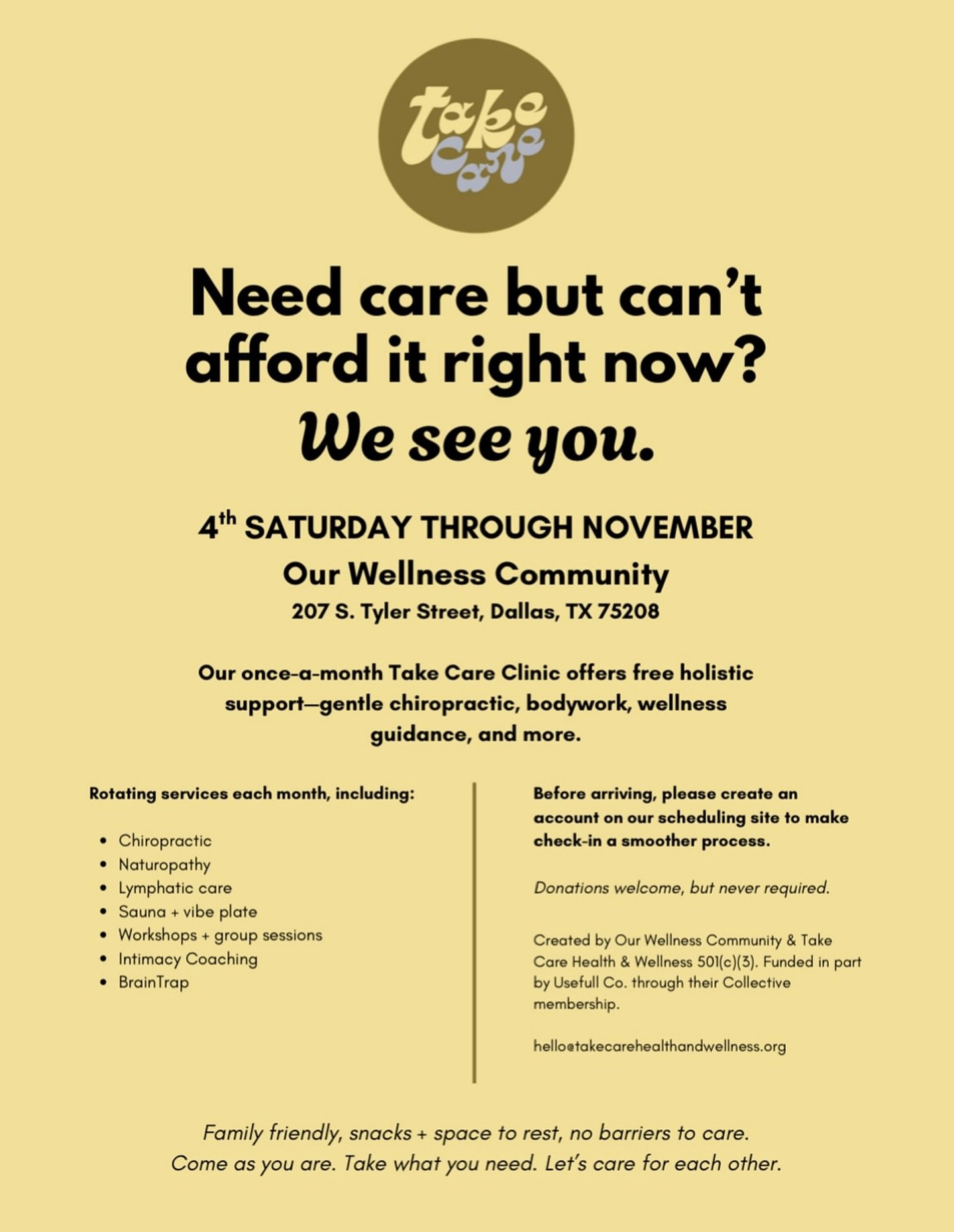 Our very last Take Care Clinic of the year! Mark your calendars 🗓️ 

Join us November 22nd, from 1-4 PM for free holistic healthcare and food 🤗

We only ask that you come with your Jane account made (link in bio), and it is for anyone unable to aff