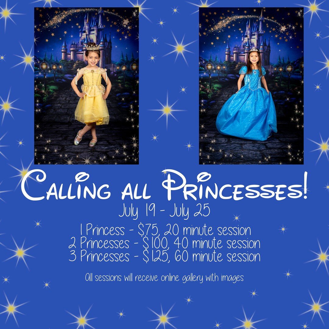 Calling all princesses! 👸👑
July 19 - July 25 we have our Magical Castle set out for you! Bring your own princess dress or borrow one of ours!
Interested in booking? Send us a message!