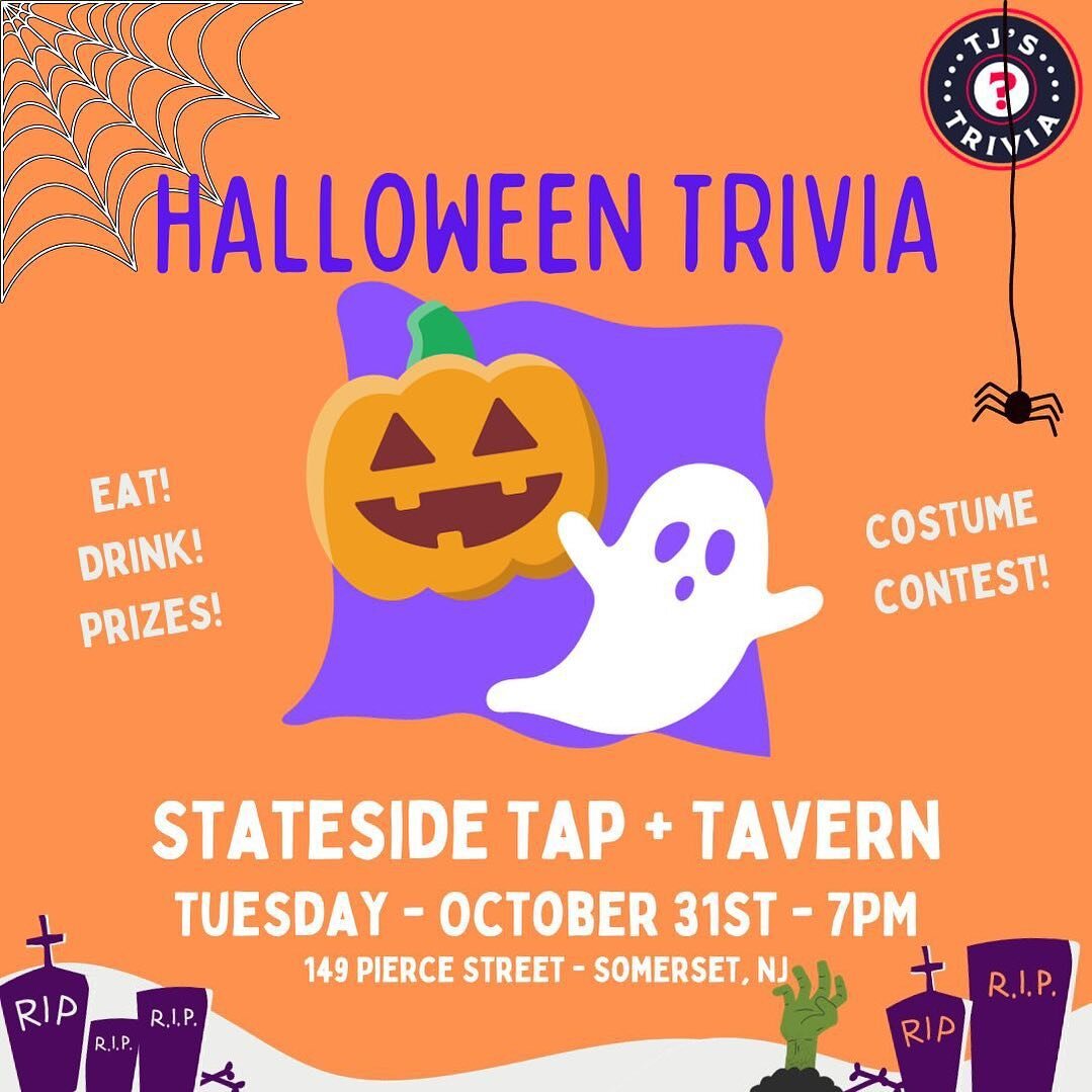 Join Us Tuesday, October 31ST for a special Halloween Trivia!!!

Trivia featuring @tjstrivia and a costume contest with prizes for funniest and scariest costume!