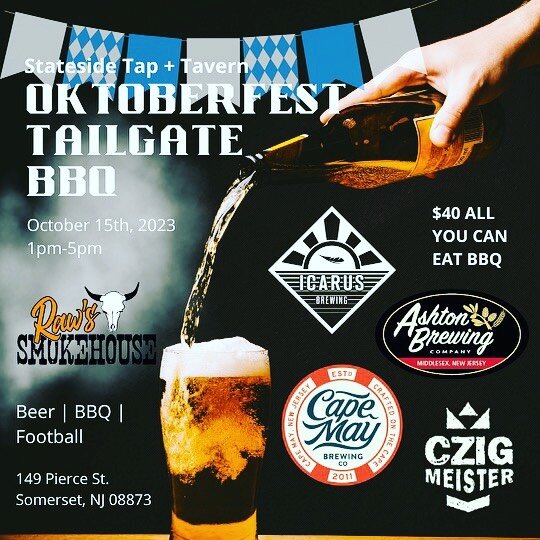 Join Us Sunday, October 15th for our 2nd NFL season Tailgate BBQ with a special Oktoberfest theme!

NJ Brewery Battle featuring @czigmeister @capemaybrewco @ashtonbrewing @icarusbrewing @njcraftbeer 

All you can eat BBQ from @rawssmokehouse 

Every 