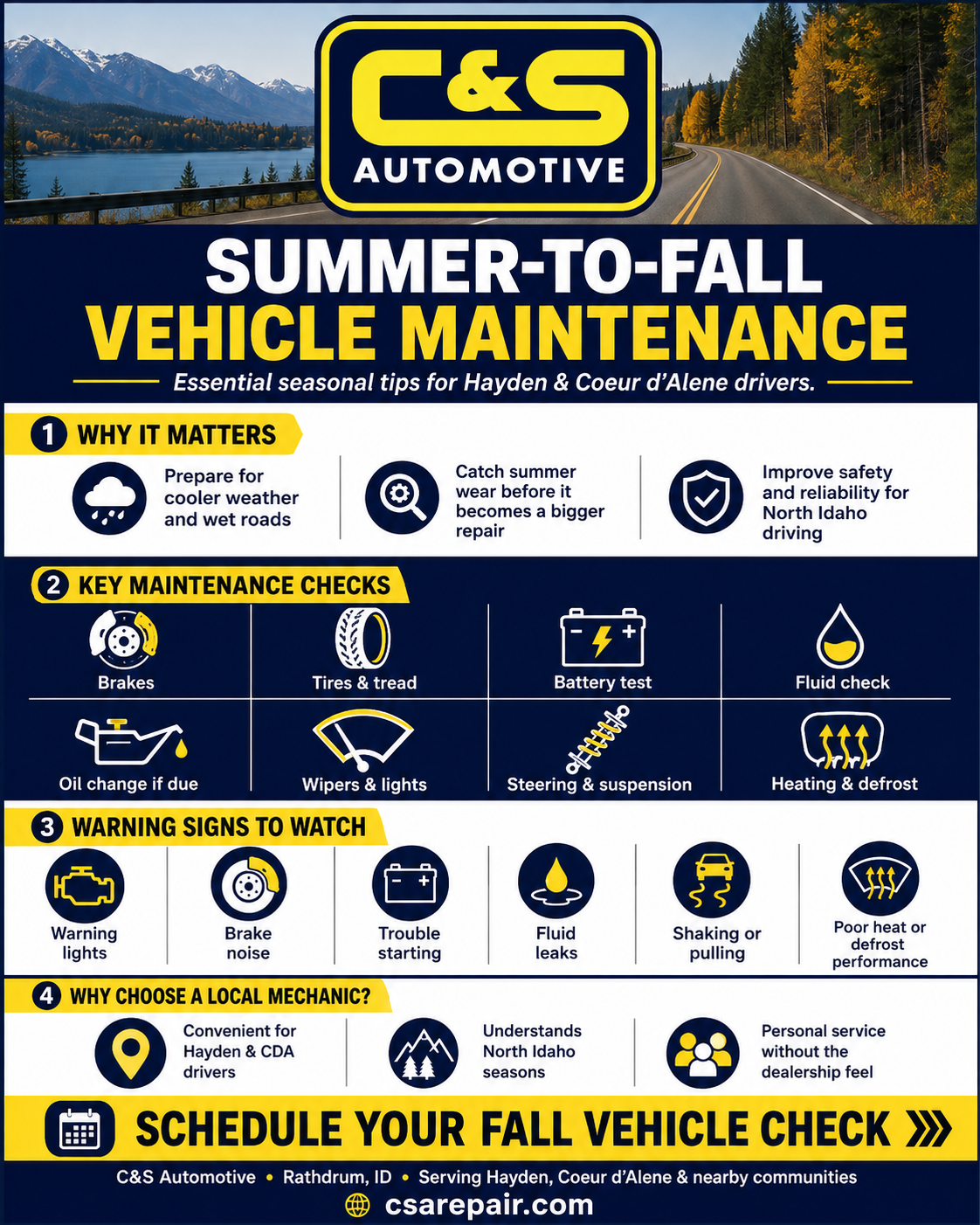 Summer-to-Fall Vehicle Maintenance Tips for Hayden and Coeur d’Alene Drivers