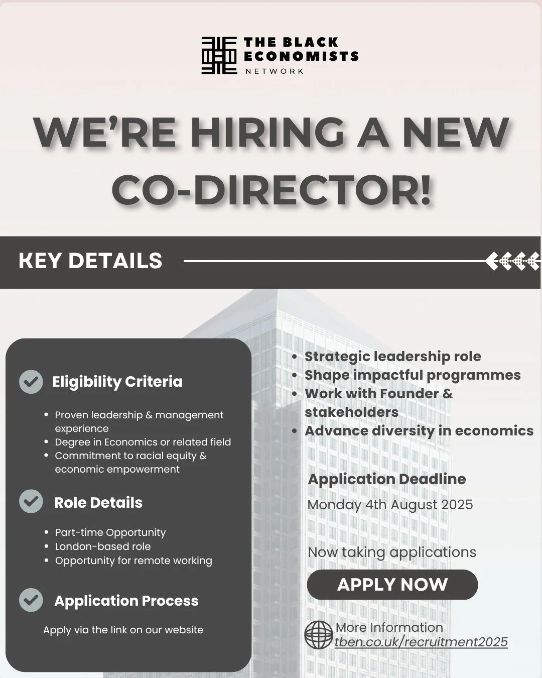 🚀 EXCITING ANNOUNCEMENT! 🚀 The Black Economists Network (TBEN) is making a pivotal stride in our growth, and we're delighted to open applications for a brand new Co-Director position!

This part-time (8 hours a week) role, based in London with remo