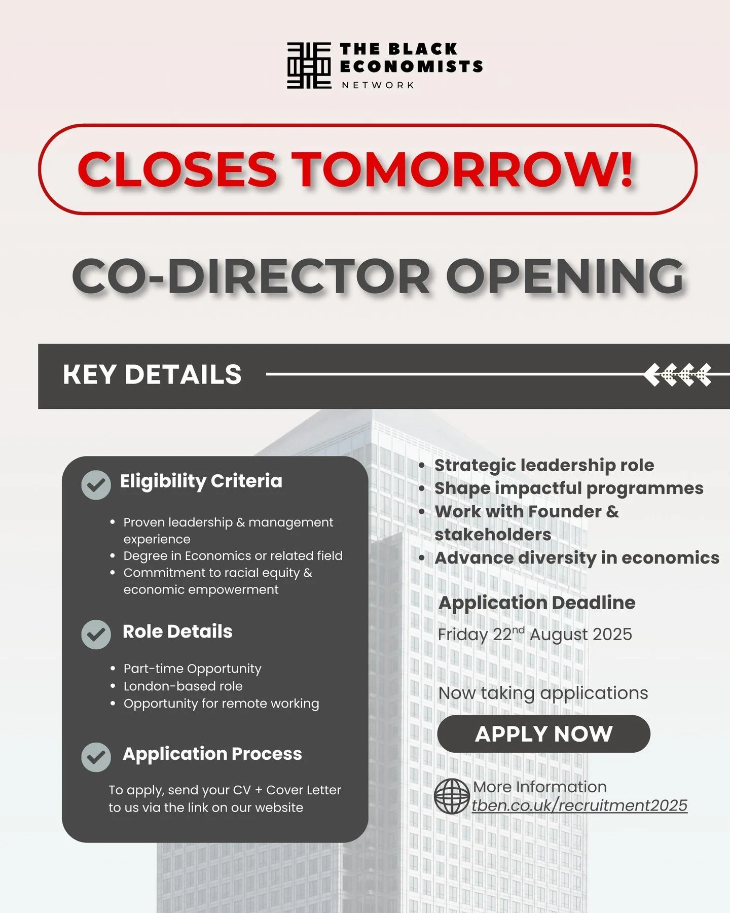 🚨 APPLICATIONS CLOSE TOMORROW! 🚨 

We&rsquo;re Hiring a Co-Director! 🌟
�The Black Economists Network (TBEN) is growing&mdash;and we're thrilled to announce an exciting new leadership opportunity!

We&rsquo;re on the lookout for a passionate and st