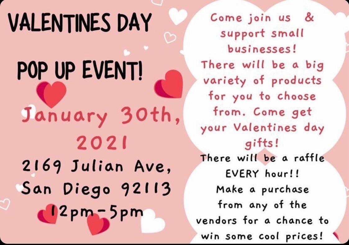 Valentine&rsquo;s POP UP Event this Saturday Jan 30th 12PM-5PM. Come check out all the great vendors that will also be there!
❤️❤️❤️❤️❤️❤️❤️❤️❤️❤️
.
.
.
📍2169 Julian Ave 
San Diego Ca 92113
.
.
.
Mahalo 🍍