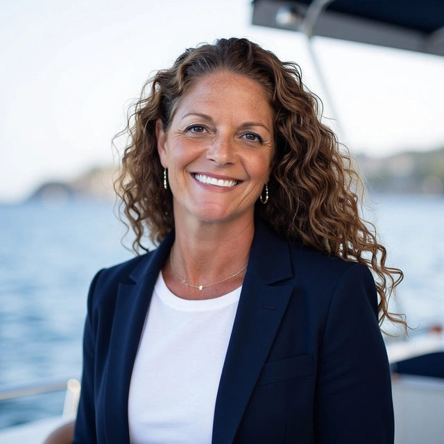 Smiling woman with curly hair wearing a navy blazer and white shirt, standing outdoors near water with a boat in the background.