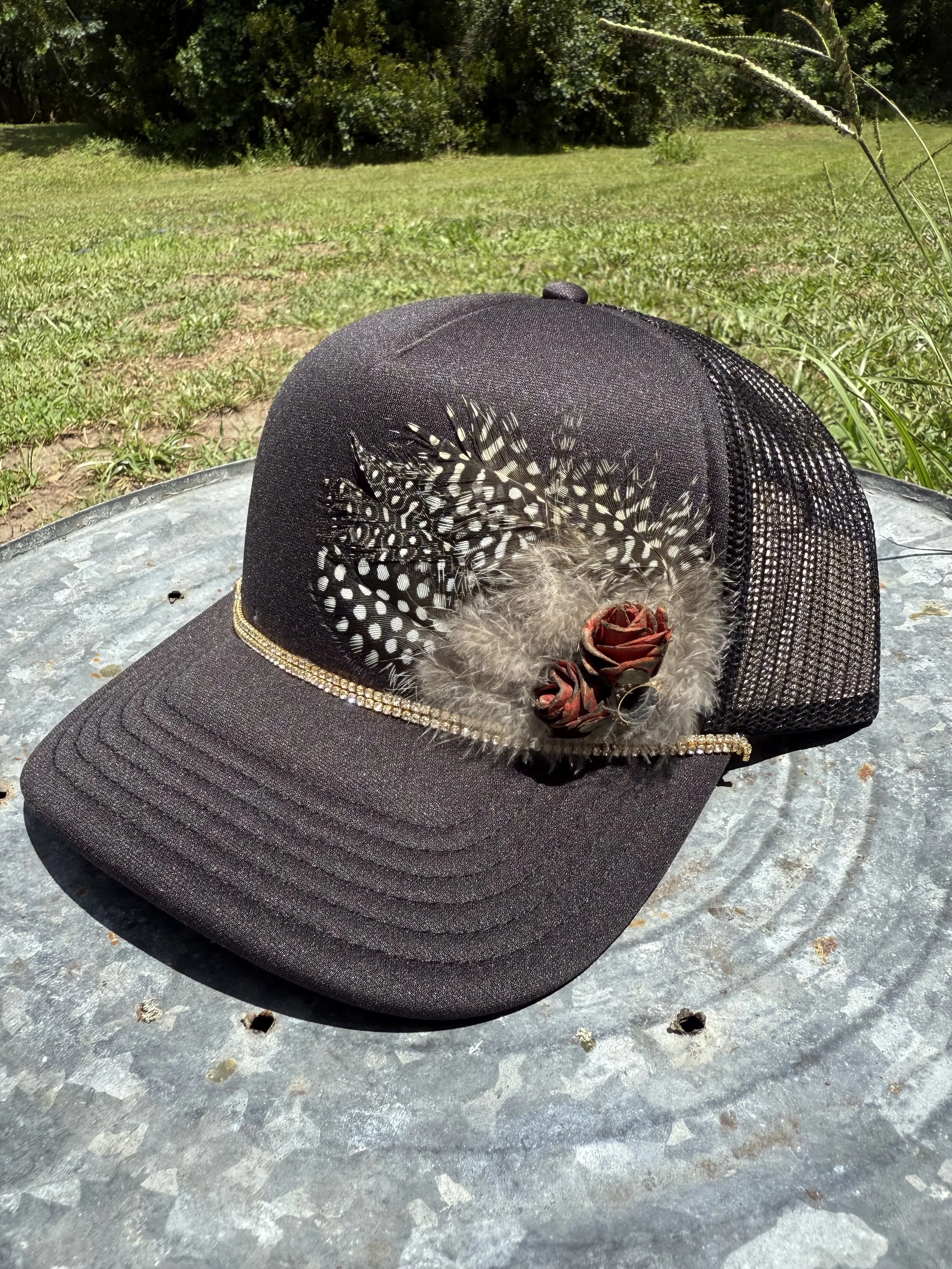 Black Feathered Ball Cap