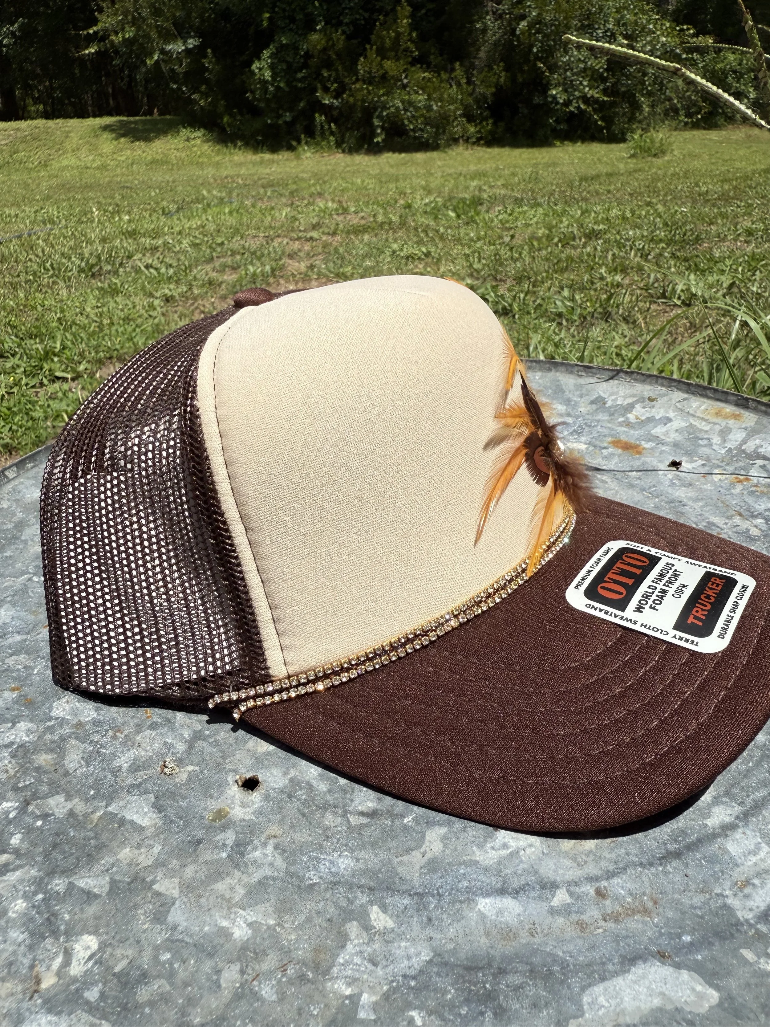 Brown Feathered Ball Cap