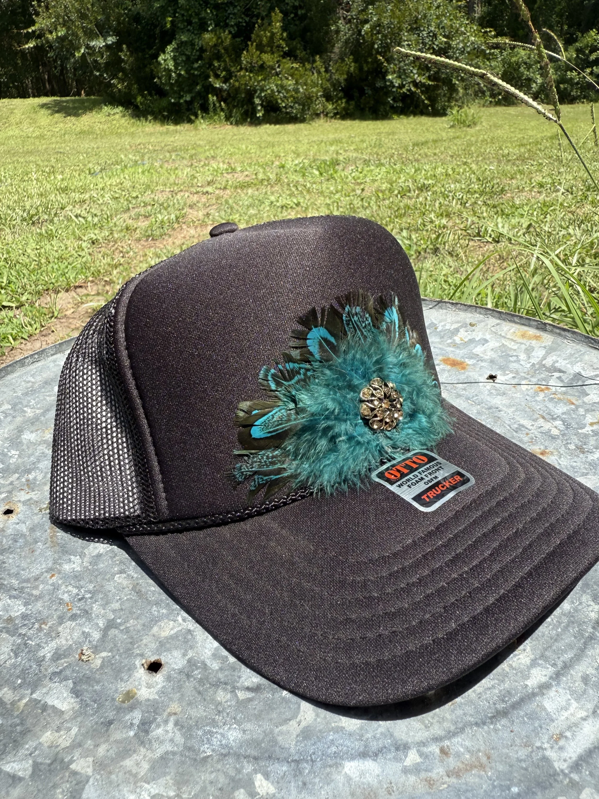 Black Feathered Ball Cap