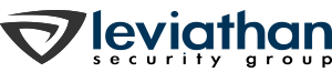 a clockwise triangle-shaped swirl logo on the left side of the image.  leviathan security group in lowercase text on the rest of the image.  leviathan is in dark blue and in larger font than security group which is in black.