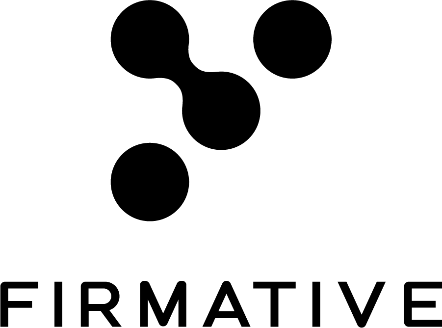 The text "FIRMATIVE" in black, block letters is at the bottom of the image.  Four black circles arranged in the arrangement like a 5 dot side on a rolling die with the bottom right dot being a blank space.  The top left and center dots are connected.