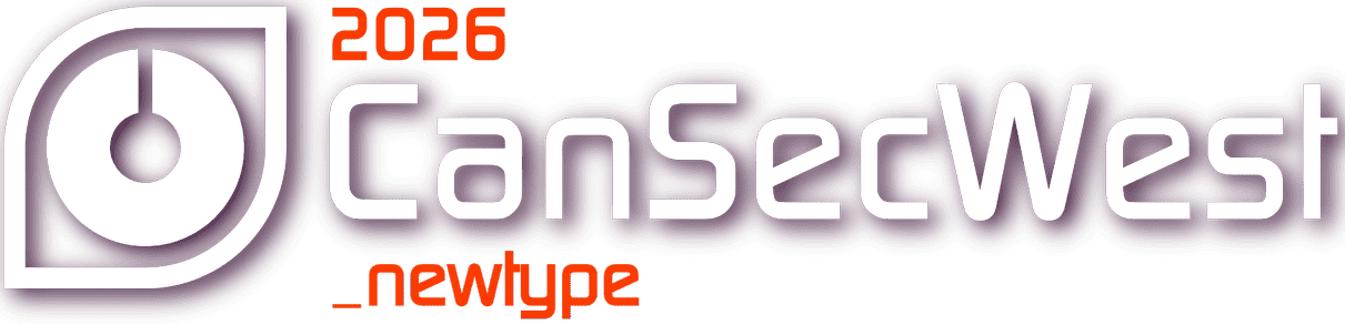 CanSecWest Logo on the left taking 20% of the image.  2026 in Red text to the right of the logo.  'CanSecWest' in white text below the red 2026. '_newtype' in red text below the 'CanSecwest' text.  The 'CanSecWest' text is 60% of the image height.