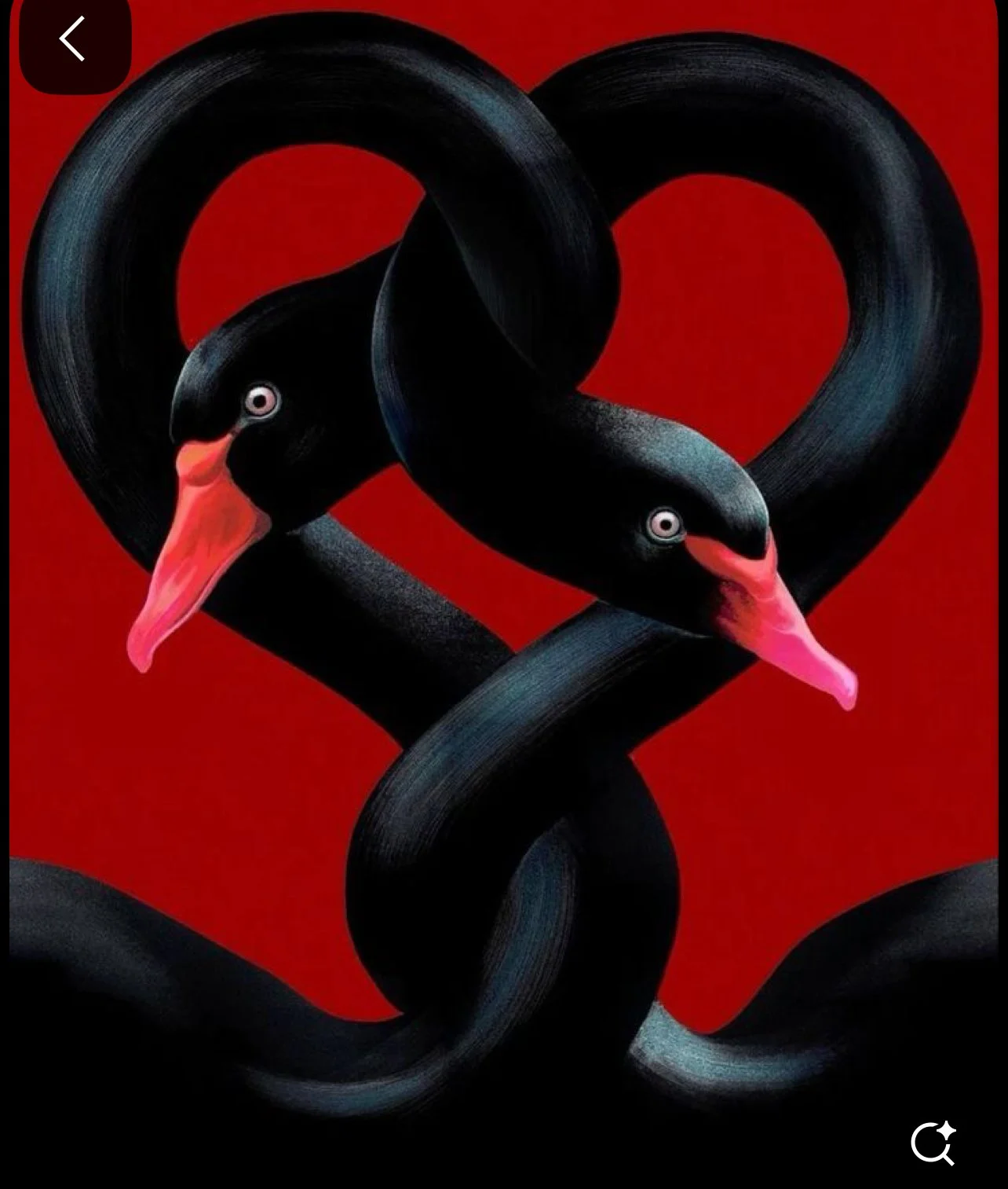 Two black snake heads with pinkish-red tongues and eyes, intertwined to form a heart shape on a red background.