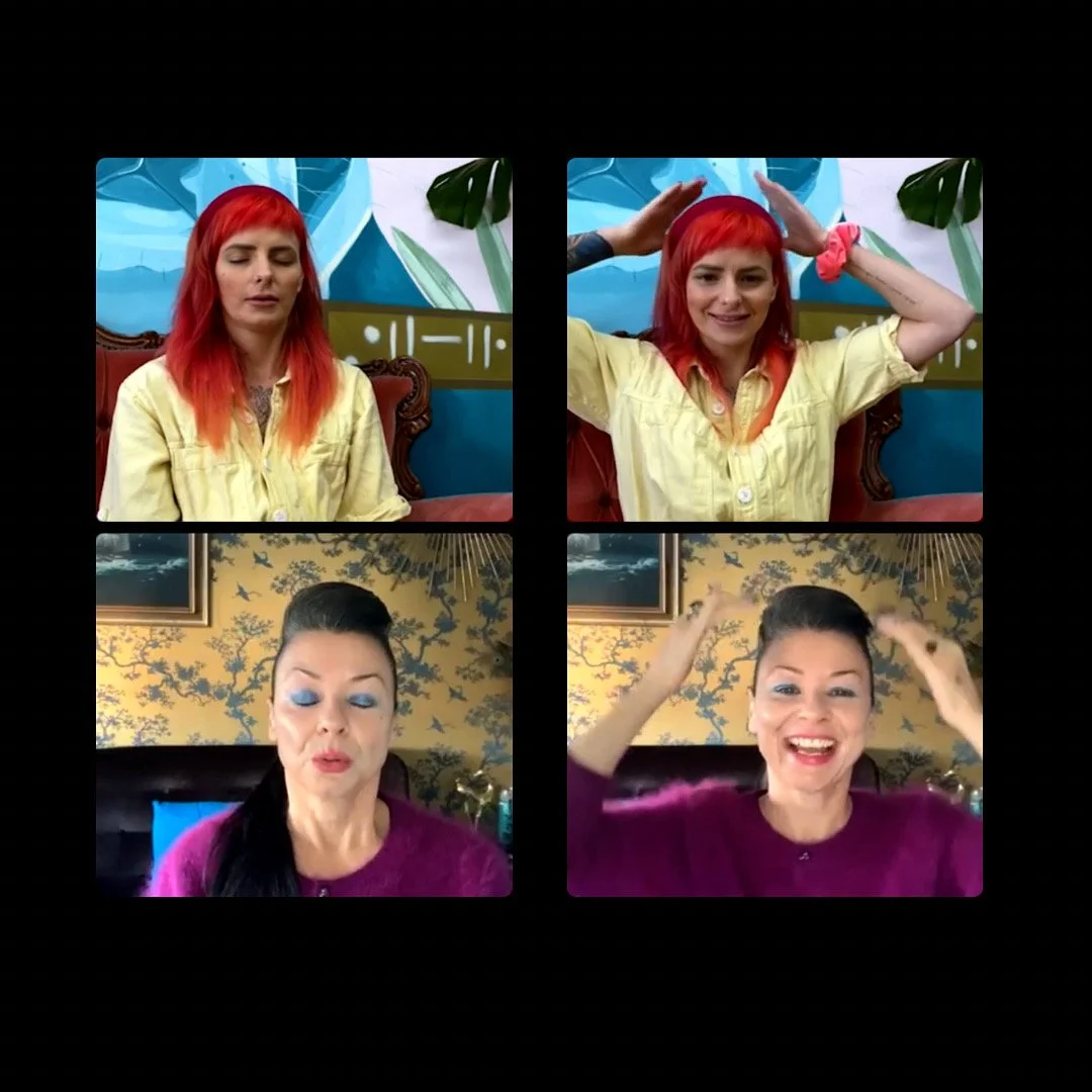 Two women with red hair in yellow shirts and two women with dark hair in purple sweaters, each pair sitting in front of different patterned backgrounds, engaging in different facial expressions and gestures, in a split-screen video call setting.
