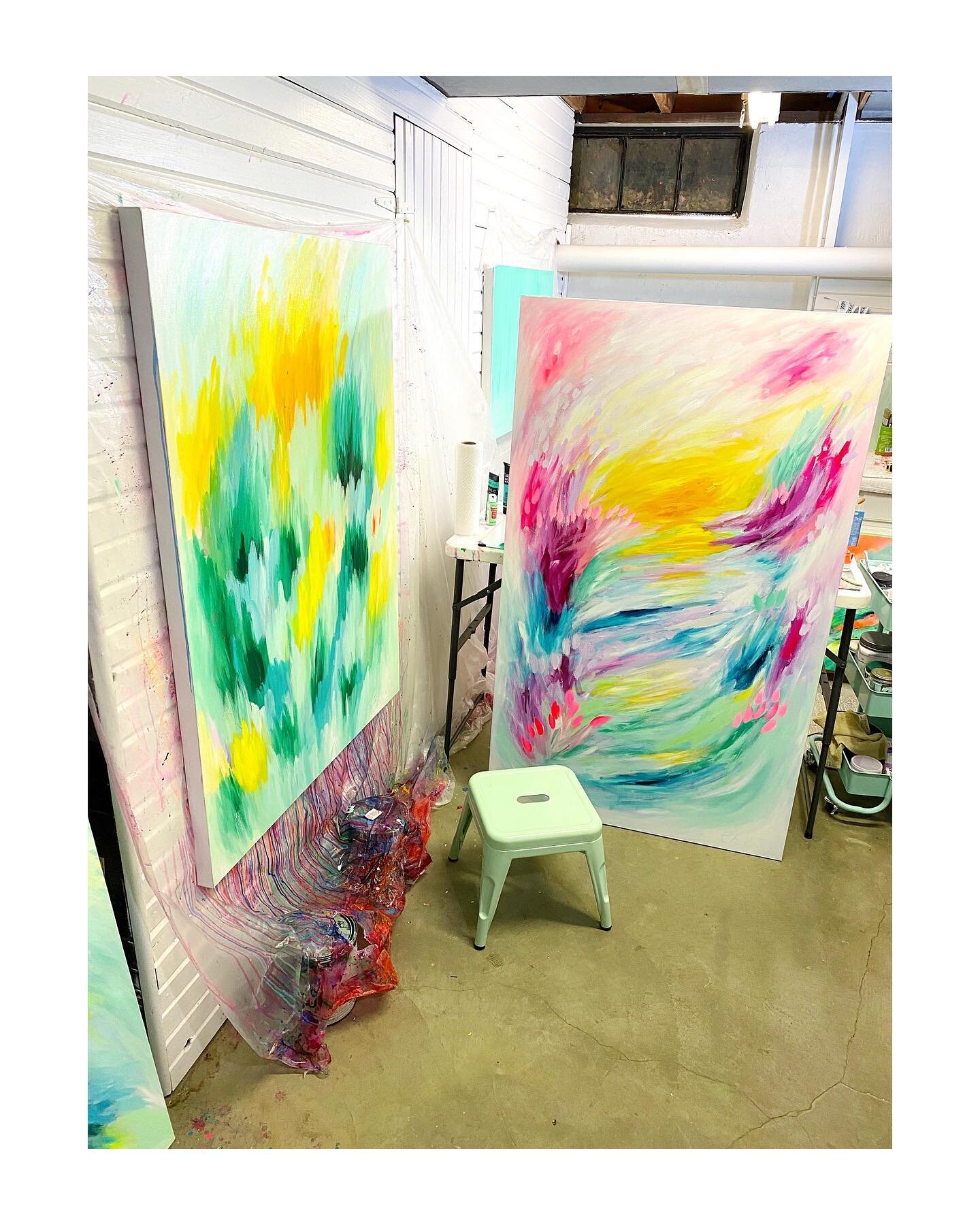 The colors in my studio right now are ✨💕🧼washing me in pure happiness! It&rsquo;s amazing how color and uplifting artwork can effect your space. Imagine walking into a room, and every time getting a little spark of joy.
.
.
#joyfulart #elevateyours