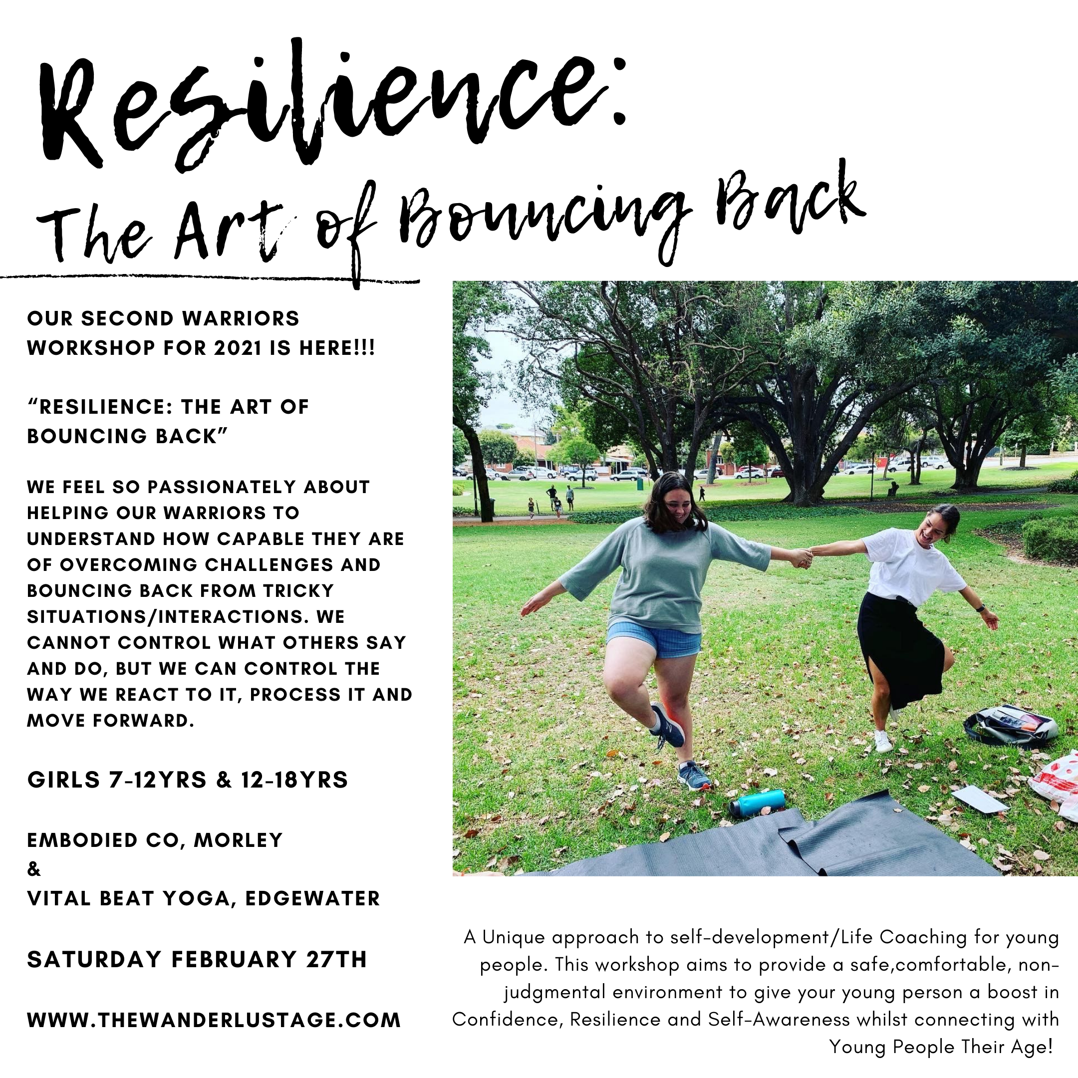 Wanderlust Warriors Term 1 2021 "Resilience: The Art of Bouncing Back" Workshop (Vital Beat Yoga, Edgewater)(Girls 7-11yrs)