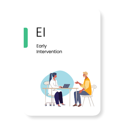 Illustration of a healthcare professional talking to a patient in a clinical setting, with the text 'EI Early Intervention' on the page.