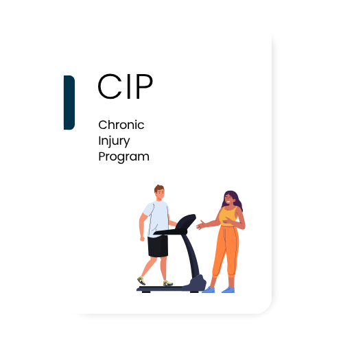 Illustration of a man on a treadmill and a woman talking, with text 'CIP Chronic Injury Program' at the top.
