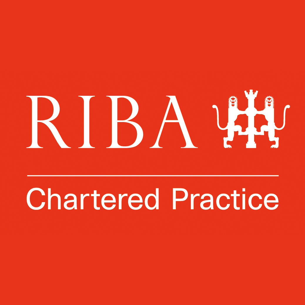 Red background with white text reading 'RIBA Chartered Practice' and a white emblem resembling a double-headed eagle.