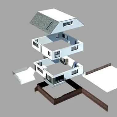 Exploded view of a modern house showing different architectural sections and floors separated.